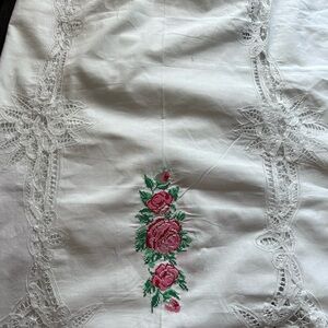 Elegant White Table cloth with Pink Floral Embroidery